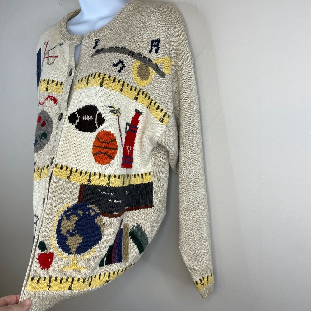 Woolrich Womens TEACHER Cardigan Sweater Sz M MATH SCIENCE Music Sports Vintage - Picture 7 of 13
